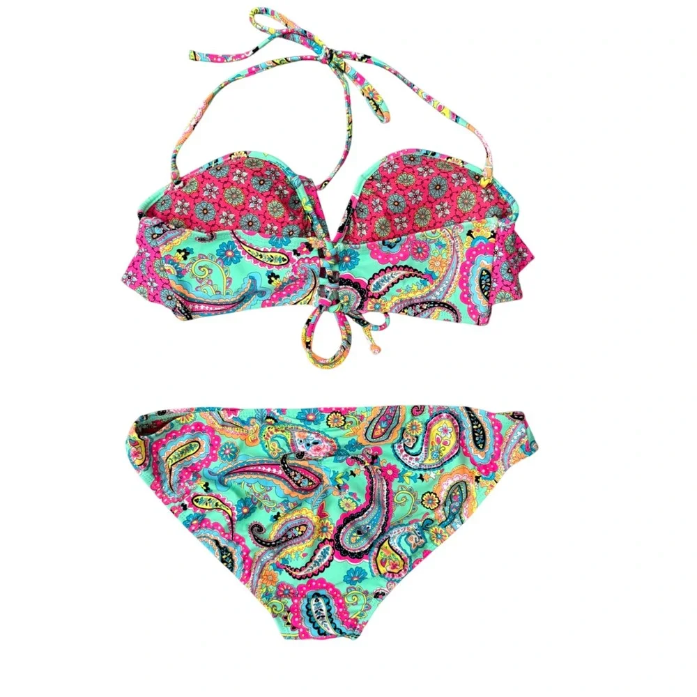 InMocean Womens XL Bikini Set Pink‎ Teal Paisley Floral Ruffle Halter Swimsuit